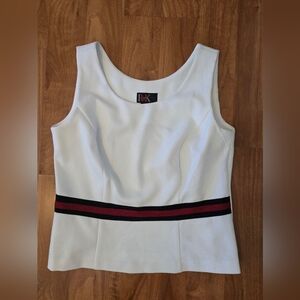 R&K white sleeveless blouse with a red and black waistband, size 8